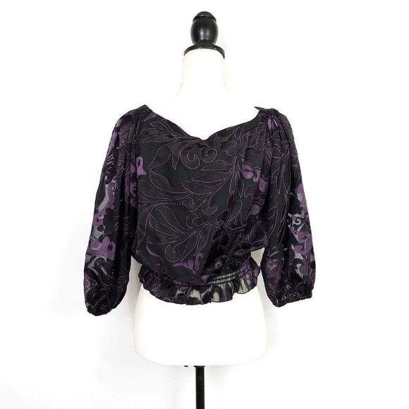 Helene Blake Black Purple Sheer Cropped Blouse Size Small - Picture 3 of 7